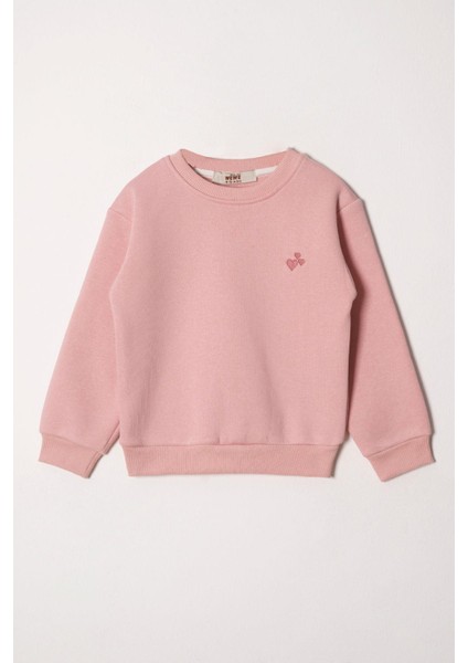 Bisiklet Yaka Uzun Kol Kalp Nakışlı Sardonlu Kız Çocuk Toz Pembe Renk Sweatshirt