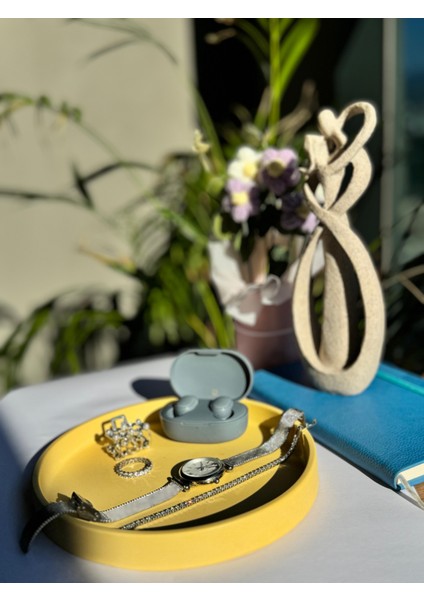 Hapatashop Yuvarlak Beton Sarı Yeşil Turuncu Lila Tepsi Sunumluk Dekoratif Tabak