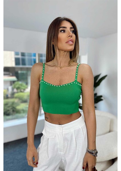 Incili Triko Crop Top Yeşil