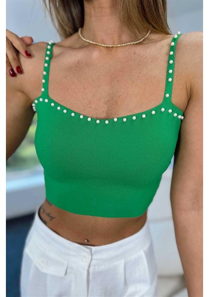 Incili Triko Crop Top Yeşil