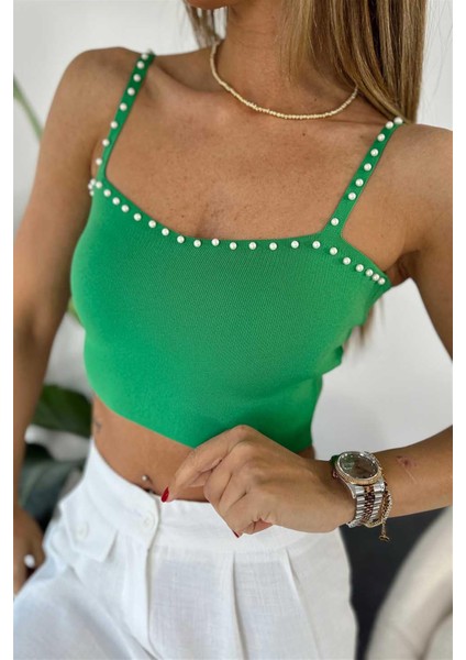 Incili Triko Crop Top Yeşil