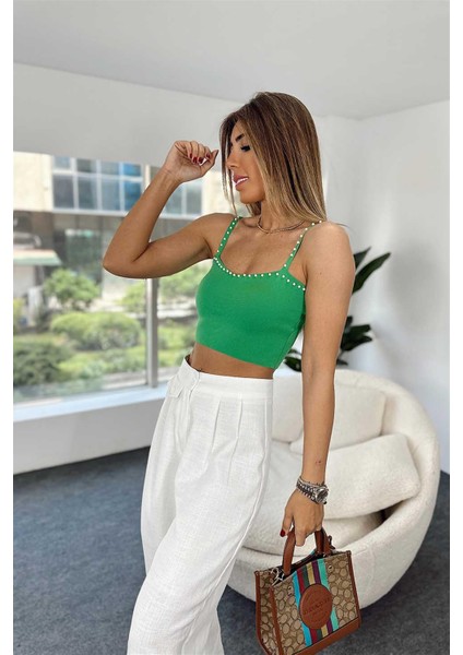 Incili Triko Crop Top Yeşil