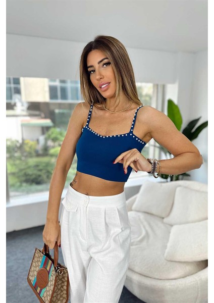 Incili Triko Crop Top Lacivert