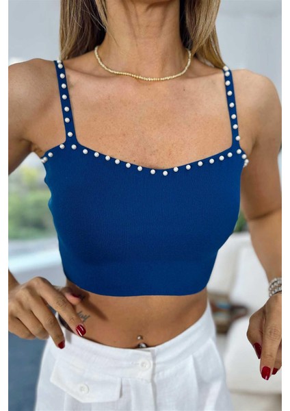 Incili Triko Crop Top Lacivert