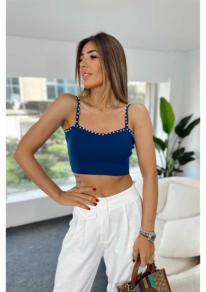 Incili Triko Crop Top Lacivert