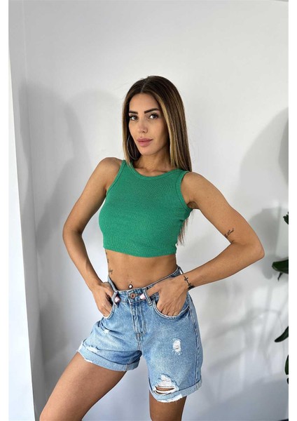 Lüks Kalite Fitilli Halter Yaka Crop Yeşil