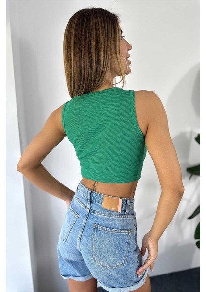 Lüks Kalite Fitilli Halter Yaka Crop Yeşil