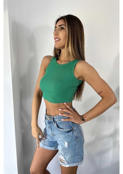 Lüks Kalite Fitilli Halter Yaka Crop Yeşil