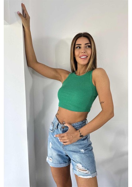 Lüks Kalite Fitilli Halter Yaka Crop Yeşil