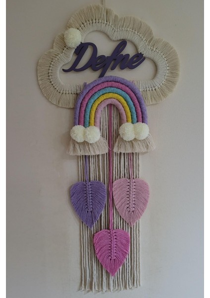 Doa Filstore Makrome Isme Özel Bulut Gökkuşağı El Yapımı Bebek Kapı Bebek Odası Bebek Duvar Süsü (35X75)