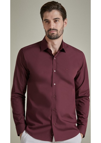 Slim Fit Uzun Kollu Bordo Erkek Gömlek