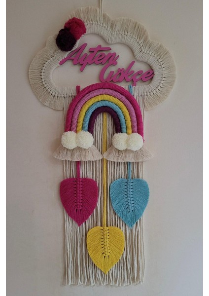 Doa Filstore Makrome Isme Özel Bulut Gökkuşağı El Yapımı Bebek Kapı Bebek Odası Bebek Duvar Süsü (35X75)
