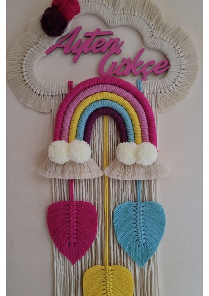 Doa Filstore Makrome Isme Özel Bulut Gökkuşağı El Yapımı Bebek Kapı Bebek Odası Bebek Duvar Süsü (35X75)