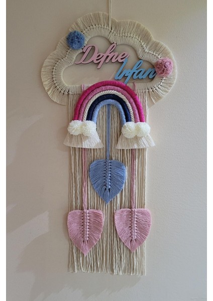 Doa Filstore Makrome Isme Özel Bulut Gökkuşağı El Yapımı Bebek Kapı Bebek Odası Bebek Duvar Süsü (35X75)