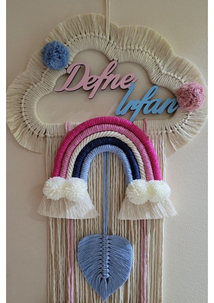 Doa Filstore Makrome Isme Özel Bulut Gökkuşağı El Yapımı Bebek Kapı Bebek Odası Bebek Duvar Süsü (35X75)