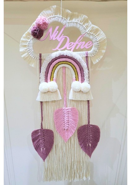 Doa Filstore Makrome Isme Özel Bulut Gökkuşağı El Yapımı Bebek Kapı Bebek Odası Bebek Duvar Süsü (35X75)