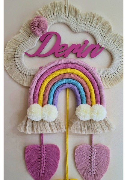 Doa Filstore Makrome Isme Özel Bulut Gökkuşağı El Yapımı Bebek Kapı Bebek Odası Bebek Duvar Süsü (35X75)