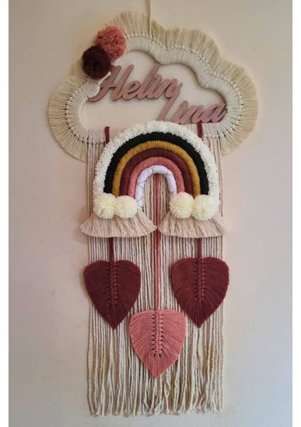 Doa Filstore Makrome Isme Özel Yaldızlı Bulut Gökkuşağı El Yapımı Bebek Kapı Bebek Odası Bebek Duvar Süsü (35X75)