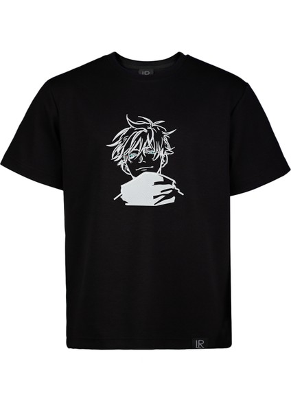 Unisex Siyah Kısa Kollu Basic Loose Fit %100 Anime Nakışlı Tişört Jujutsu Kaısen