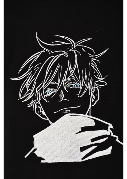 Unisex Siyah Kısa Kollu Basic Loose Fit %100 Anime Nakışlı Tişört Jujutsu Kaısen fiyatları