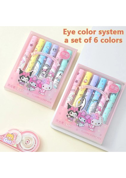 6 Adet / Kutu Sanrio Hello Kitty Fosforlu Kalem Seti Kawaii Kuromi Melody Cinnamoroll Sanat Fosforlu Kalem Okul Kırtasiye (Yurt Dışından)