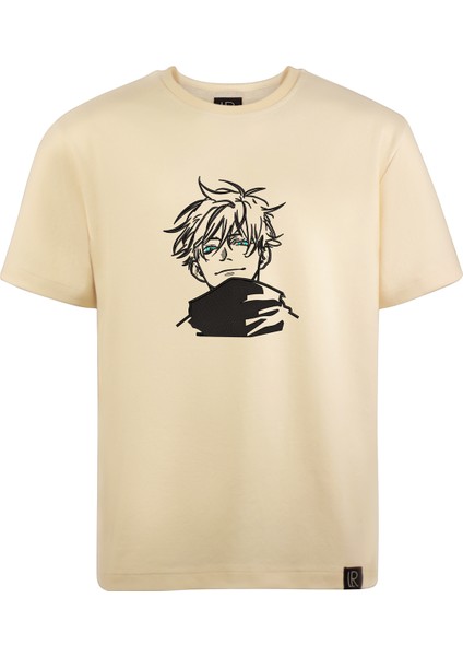 Unisex Kahverengi Kısa Kollu Basic Loose Fit %100 Anime Nakışlı Tişört Jujutsu Kaısen