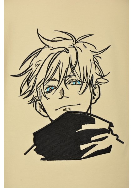 Unisex Kahverengi Kısa Kollu Basic Loose Fit %100 Anime Nakışlı Tişört Jujutsu Kaısen fiyatları