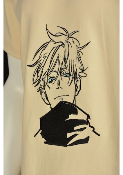Unisex Kahverengi Kısa Kollu Basic Loose Fit %100 Anime Nakışlı Tişört Jujutsu Kaısen indirimleri
