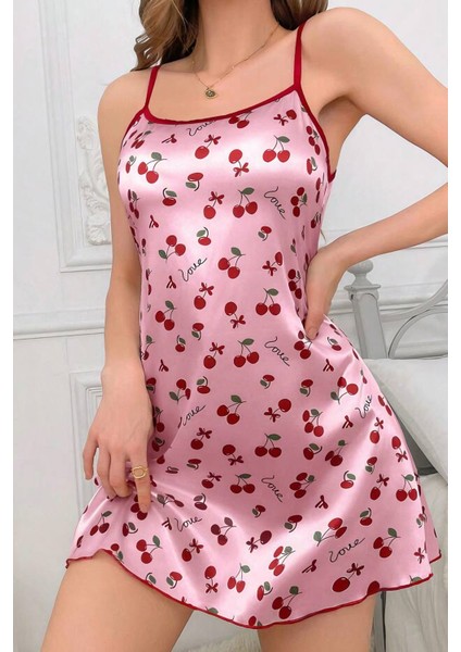 Pembe Love Yazılı Kiraz Desenli Askılı Mini Gecelik
