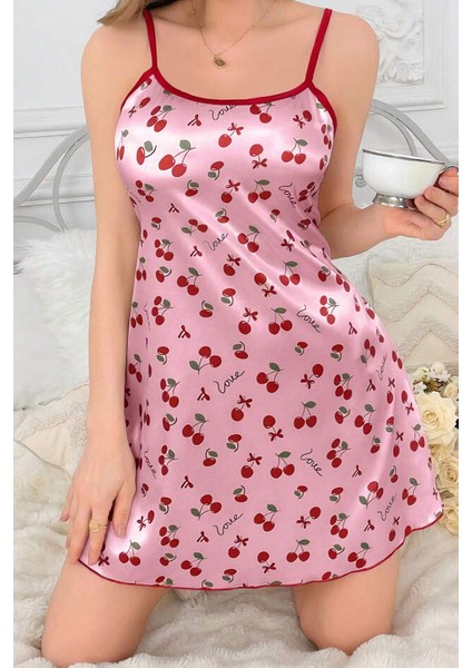 Pembe Love Yazılı Kiraz Desenli Askılı Mini Gecelik fiyatları
