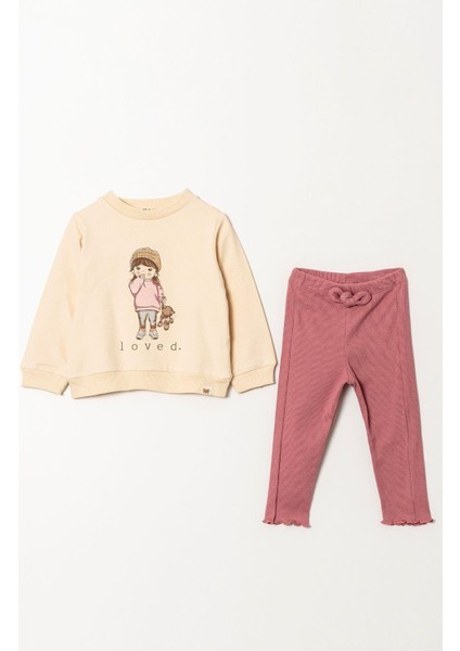 Kız Çocuk Loved Desenli Pamuklu Sweatshirt Tayt Alt-Üst Takım