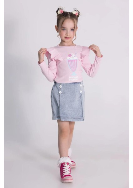 Kız Çocuk Uzun Kollu Kaşkorse Pamuklu Sweatshirt Kot Şort Etek Alt-Üst Takım