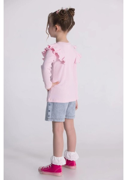 Kız Çocuk Uzun Kollu Kaşkorse Pamuklu Sweatshirt Kot Şort Etek Alt-Üst Takım