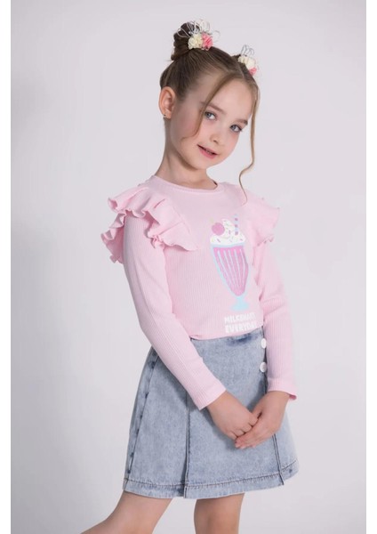 Kız Çocuk Uzun Kollu Kaşkorse Pamuklu Sweatshirt Kot Şort Etek Alt-Üst Takım