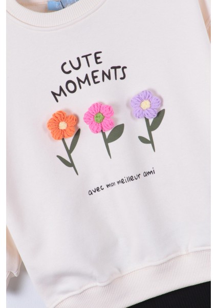 Kız Çocuk Çiçek Desenli Kışlık 3 Iplik Pamuklu Sweatshirt Tayt Alt-Üst Takım indirimleri