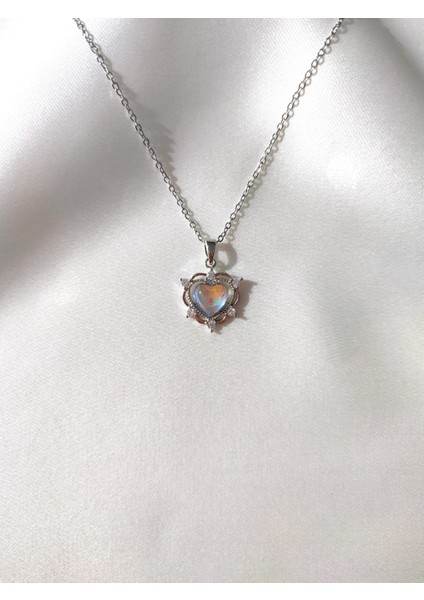 Kadın Çelik Opal Kalp Silver Kolye ve Küpe Seti