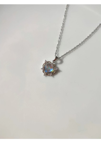 Kadın Çelik Opal Kalp Silver Kolye ve Küpe Seti