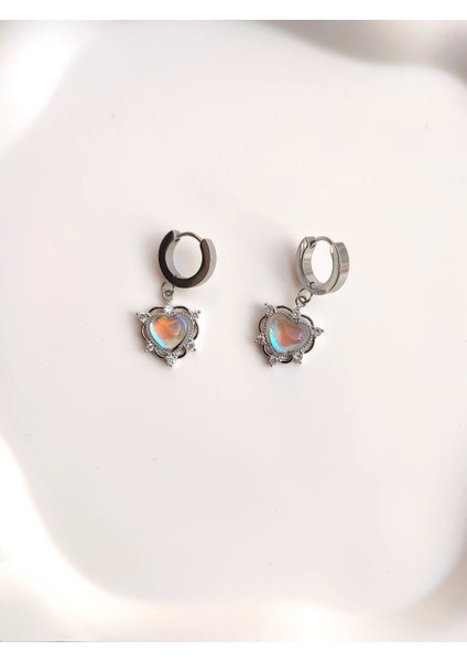 Kadın Çelik Opal Kalp Silver Kolye ve Küpe Seti
