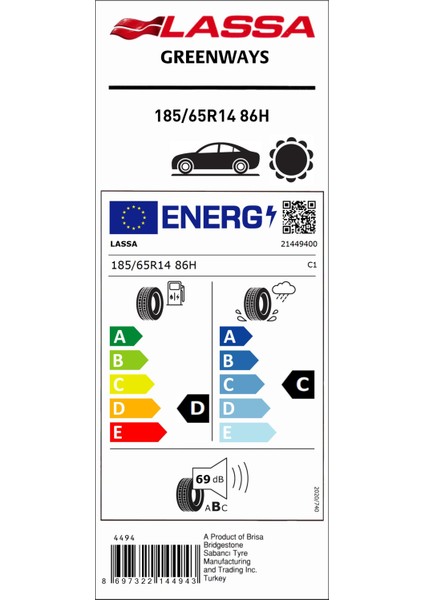 185/65R14 86H Greenways D-C-69 Yaz Oto Lastiği (Üretim Yılı: 2024)