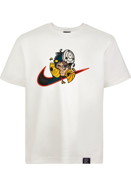 Loose Fit Unisex Beyaz Tişört Nakışlı Naruto Anime Rahat Kesim Bisiklet Yaka Tshirt
