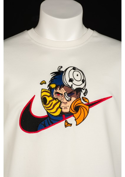 Loose Fit Unisex Beyaz Tişört Nakışlı Naruto Anime Rahat Kesim Bisiklet Yaka Tshirt