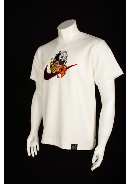Loose Fit Unisex Beyaz Tişört Nakışlı Naruto Anime Rahat Kesim Bisiklet Yaka Tshirt