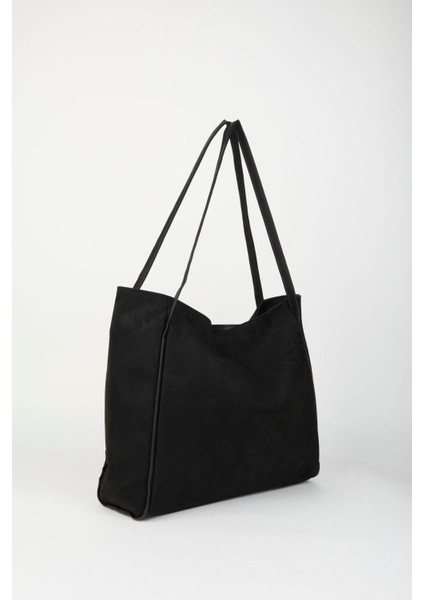 Kadın Süet Siyah Büyük Boy Fermuar Kapama El Kol ve Omuz Çantası