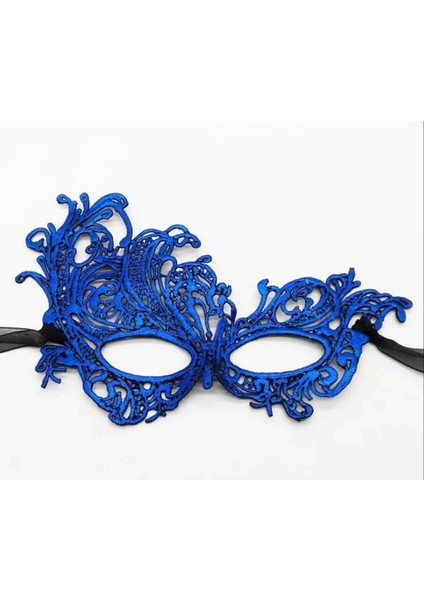 Mavi Renk Dantel Kesim Dantel Işlemeli Balo Parti Maskesi