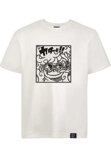 Basic Beyaz Relaxed Fit Unisex Pamuklu Tişört Gear 5 Anime Full Nakış Baskılı Anime