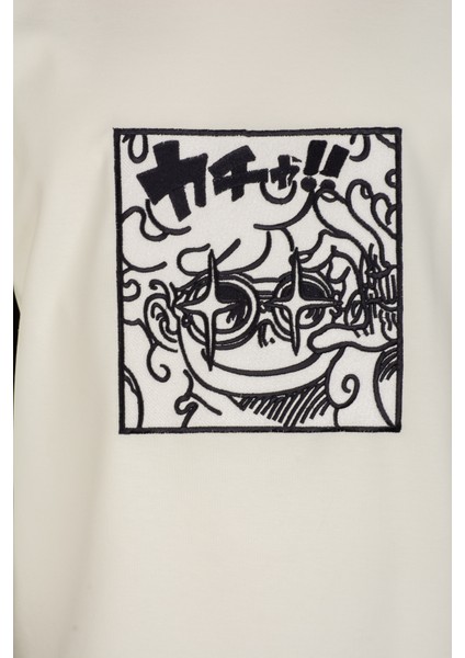 Basic Beyaz Relaxed Fit Unisex Pamuklu Tişört Gear 5 Anime Full Nakış Baskılı Anime