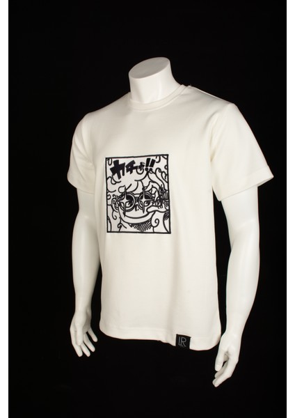 Basic Beyaz Relaxed Fit Unisex Pamuklu Tişört Gear 5 Anime Full Nakış Baskılı Anime