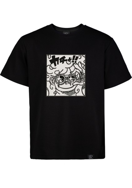 Basic Siyah Relaxed Fit Unisex Pamuklu Tişört Gear 5 Anime Full Nakış Baskılı Anime