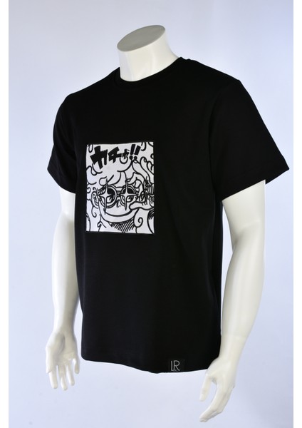 Basic Siyah Relaxed Fit Unisex Pamuklu Tişört Gear 5 Anime Full Nakış Baskılı Anime