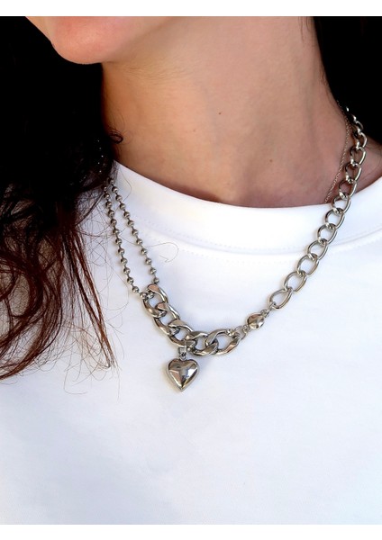 Kalp Charmlı Zincir Çelik Kolye / Bubble Heart Chain Kolye